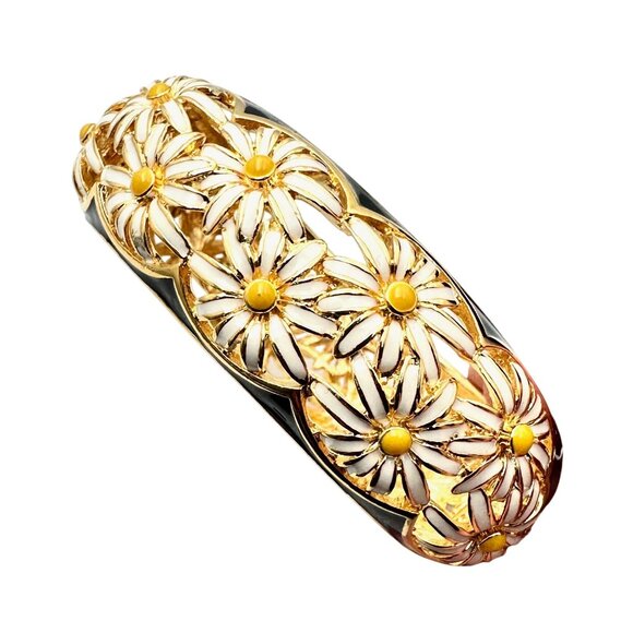 Vintage Joan Rivers Women's Wide Bangle Bracelet Daisy Flowers Enamel Rhinestone
